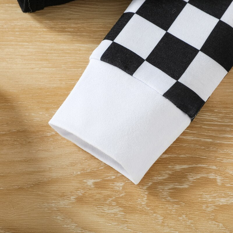 Stylish New Born Baby Boy Clothes with Long Sleeve Romper and Checkerboard Print Trousers