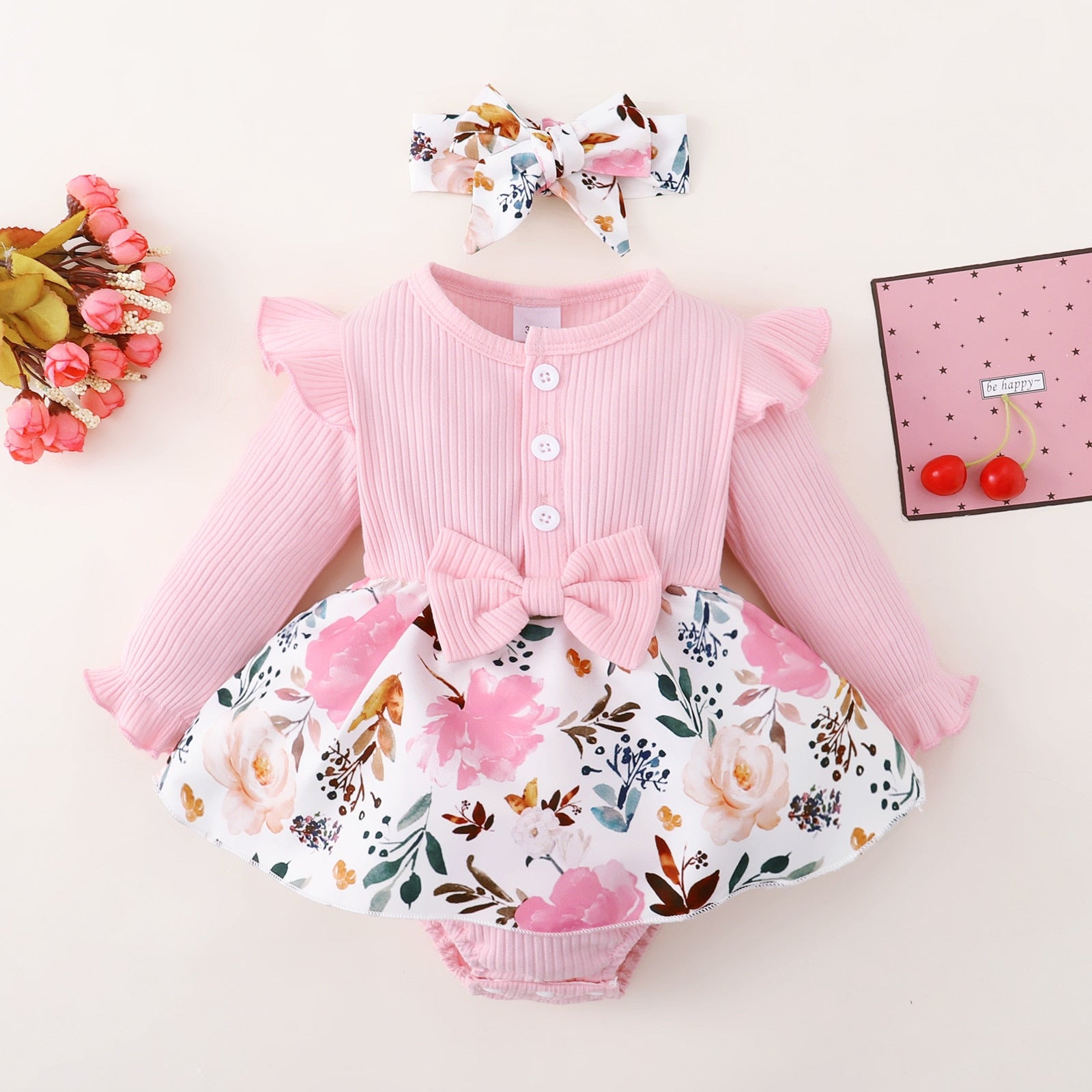 Adorable Newborn Baby Girls Bodysuit Outfits for Princesses - Long Sleeve Rompers with Floral Patchwork and Bow-Knot Headbands Sets