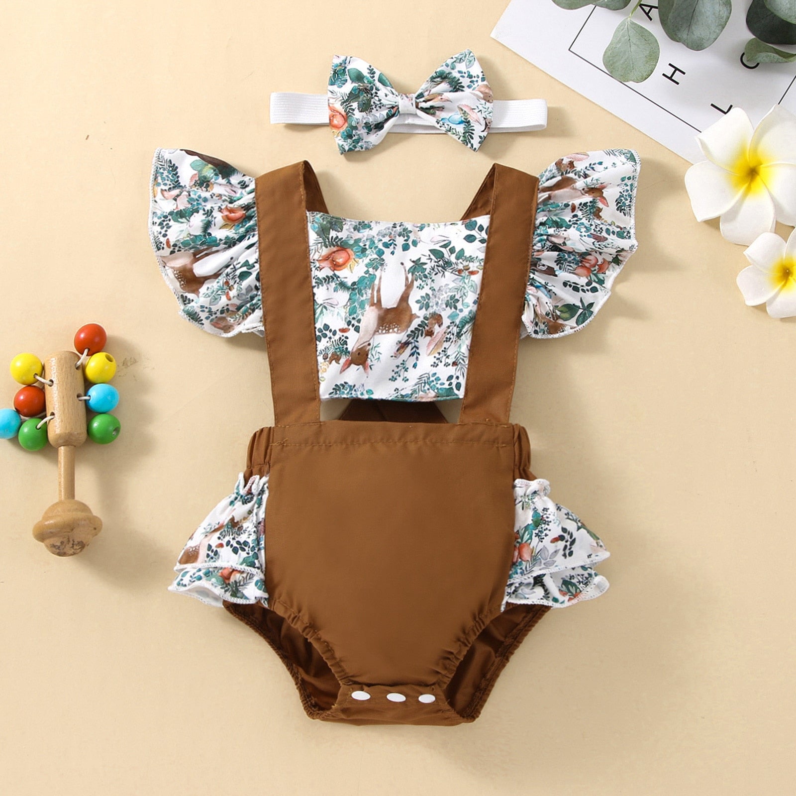 Adorable Newborn Baby Girls Romper with Flying Sleeves and Animal/Flower Print