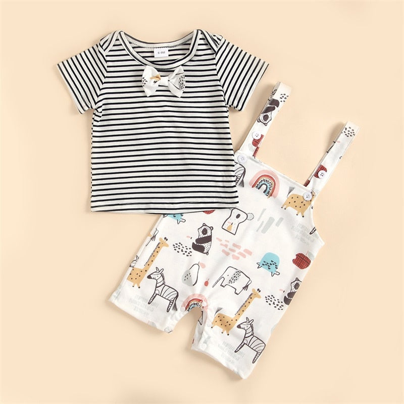 Adorable Newborn Baby Casual Outfit - Short Sleeve Stripe Top and Cartoon Animal Suspender Pants Set