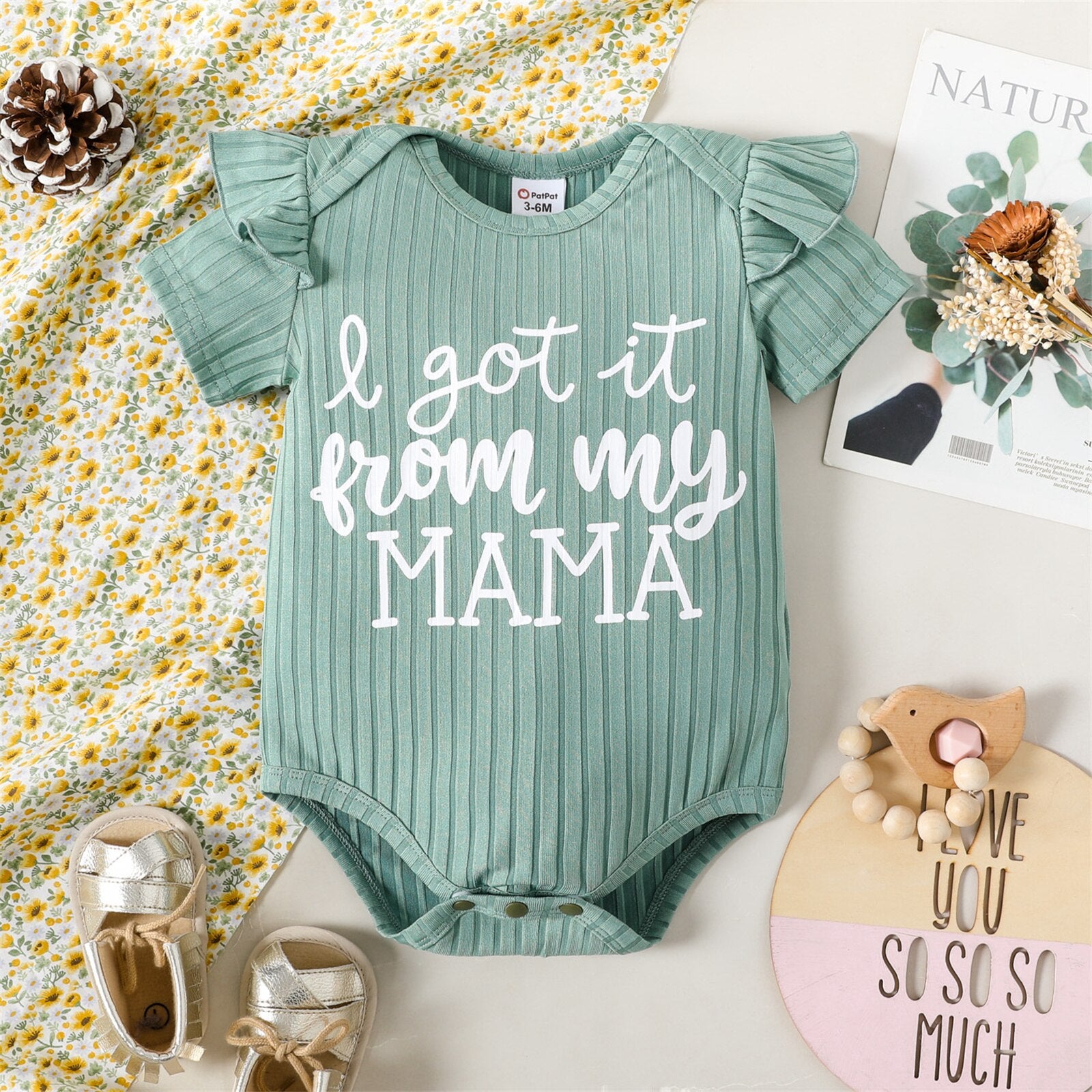 Newbrow Baby Girl Summer Romper with Ribbed Ruffle and Letter Print