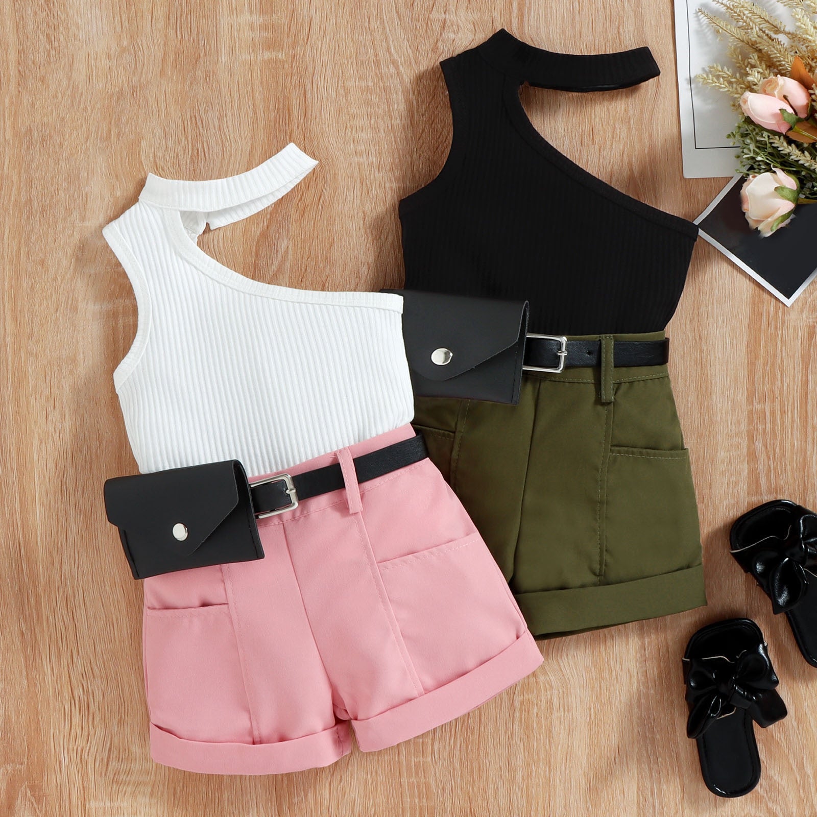 Stylish 0-4Y Little Girl Three-Piece Outfits Sets with One Shoulder Tops and Belts