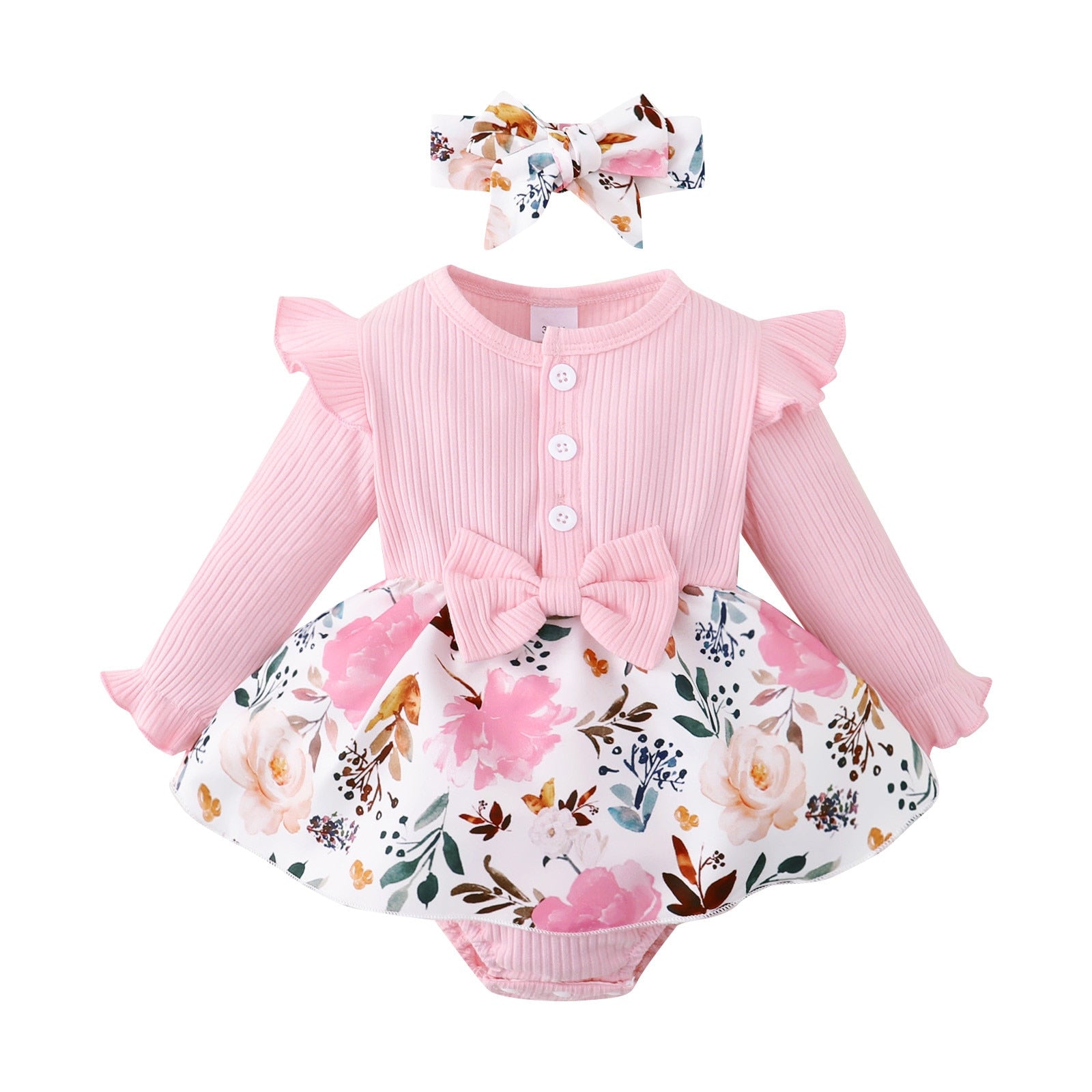 Adorable Newborn Baby Girls Bodysuit Outfits for Princesses - Long Sleeve Rompers with Floral Patchwork and Bow-Knot Headbands Sets