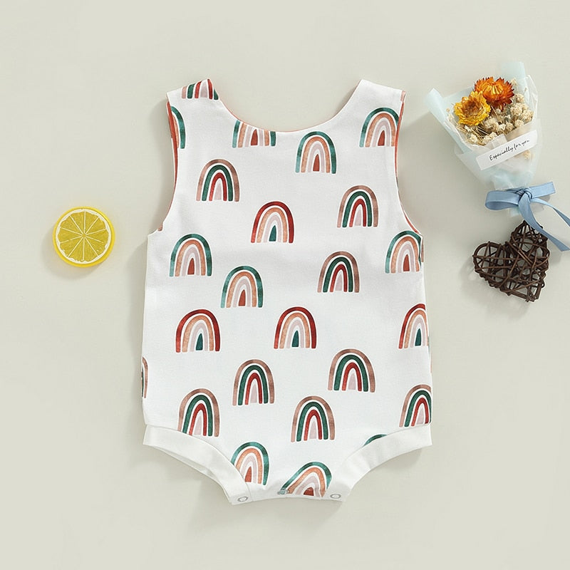 Summer Casual Baby Boys Bodysuits - Rainbow/Fish Print Sleeveless Button Bodysuits Jumpsuits for Newborns and Infants