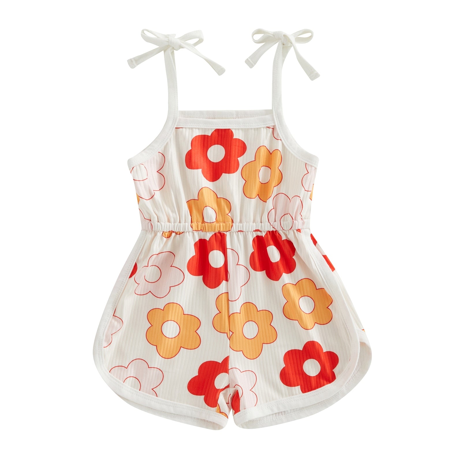Toddler Kids Girl Summer Jumpsuit - Cartoon Flower Print Sleeveless Sling Tie-Up Romper Shorts