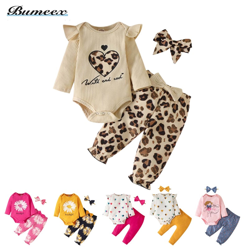 Bumeex Fashion Newborn Toddler Baby Girl Clothing Set Leopard Print Long Sleeve Top Jumpsuit Bow Trousers Headband 3 Piece Set