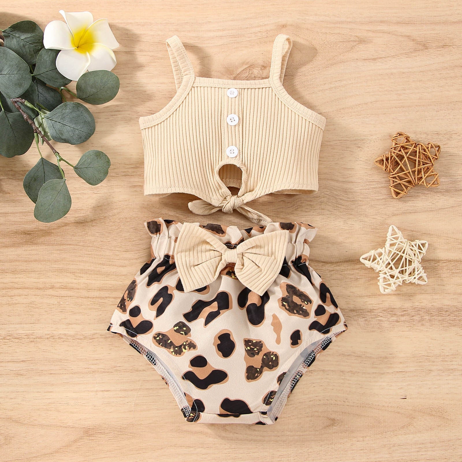 Baby Girl Summer Clothes Set - Ribbed Vest Top + Leopard Print Shorts