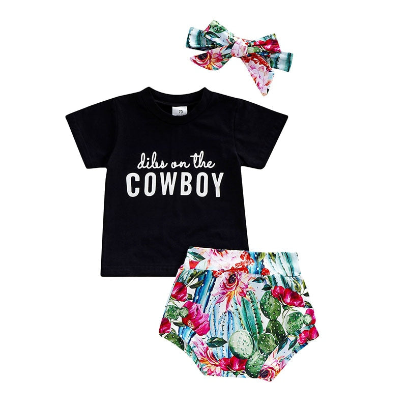 Infant Baby Clothes Set with Letter Short Sleeve T-Shirts, Pattern Printed Shorts and Headband
