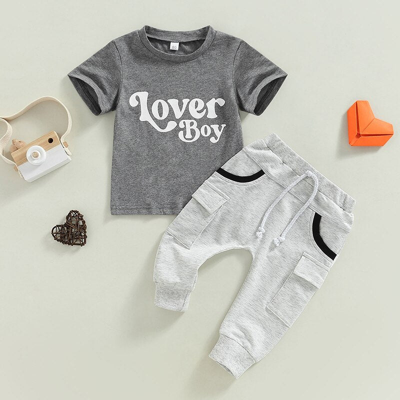 Stylish Summer Boys' Clothing Sets - Gray Letter Print Short Sleeve T-shirt and Long Pants