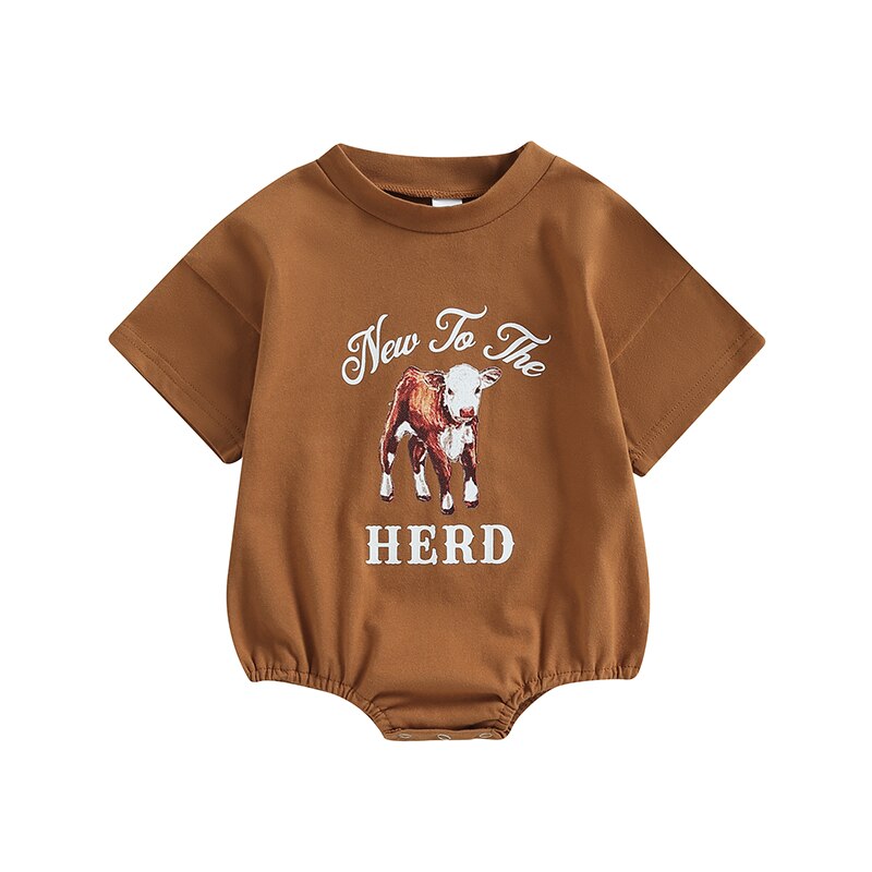 Style Baby Girls Boys Cute Romper Casual Short Sleeve O Neck Letter Cattle Print Sweatshirt Jumpsuits