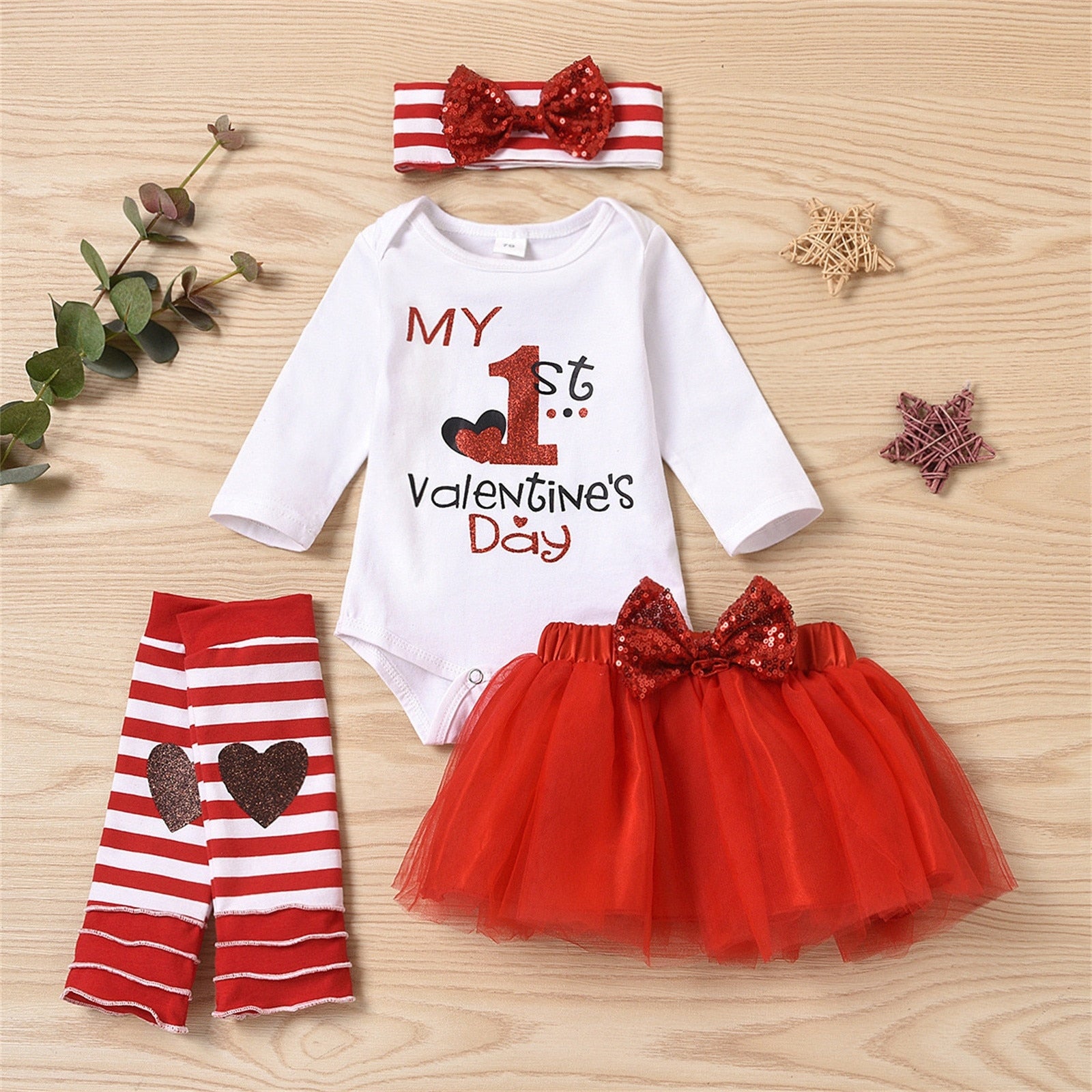 My 1st Valentine's Day Infant Baby Girls Clothes Set - Letter Print Long Sleeve Romper, Skirt, Hairband, and Leg Socks