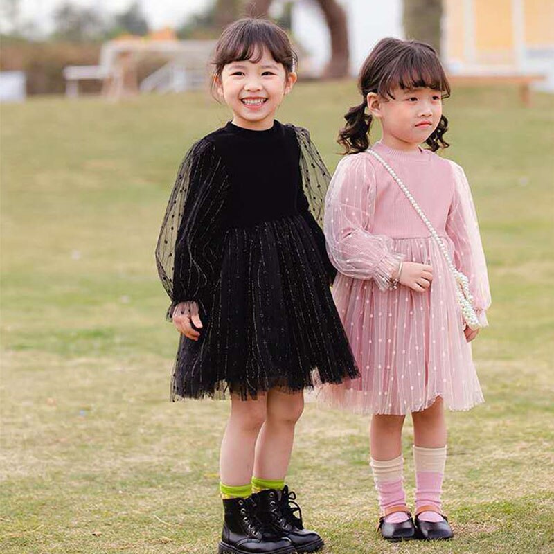 Polka Dot Princess: Long Sleeve Tulle Dress for Toddler Girls