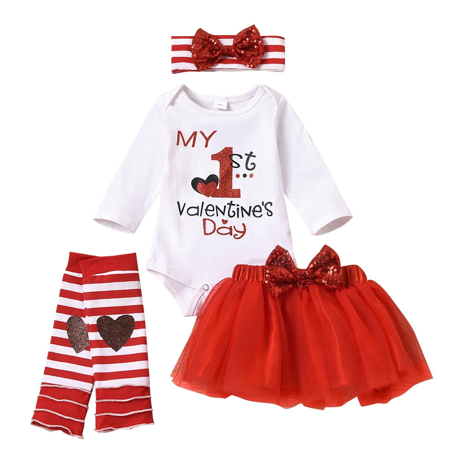 My 1st Valentine's Day Infant Baby Girls Clothes Set - Letter Print Long Sleeve Romper, Skirt, Hairband, and Leg Socks