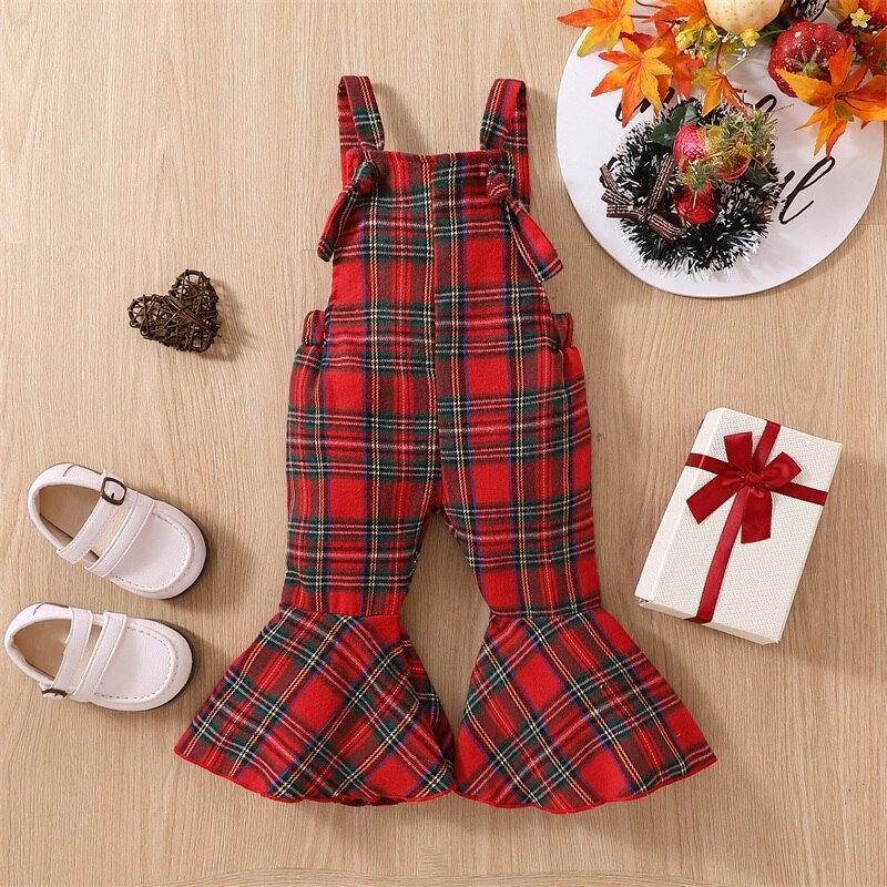 Festive Plaid Printed Suspender Pants for Girls