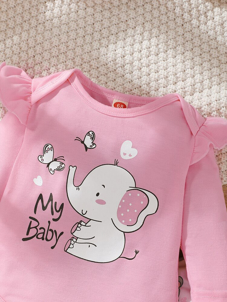 Cute Elephant Printed Baby Clothes Set for Girls