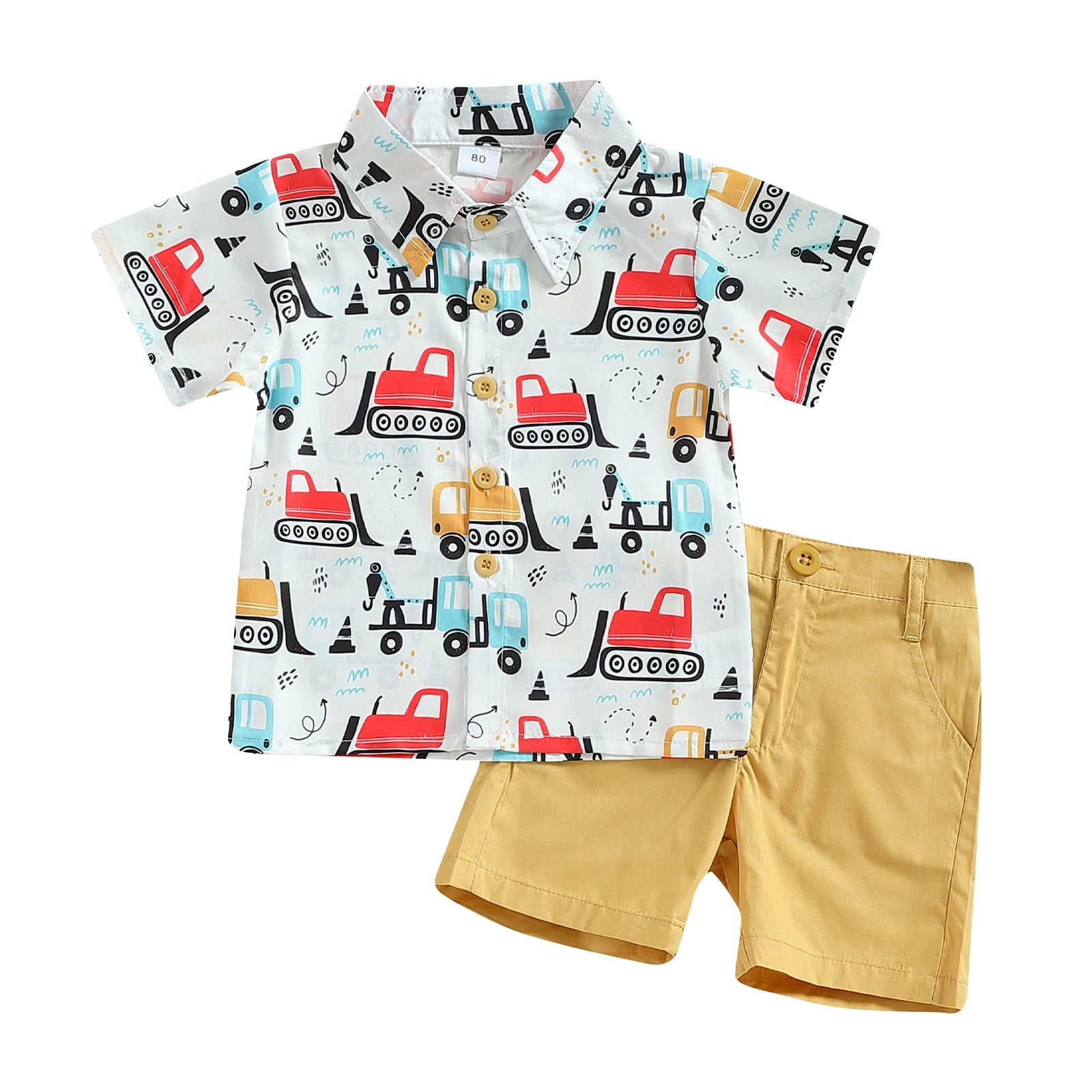 Cool Dinosaur Print Summer Outfits for Boys - Short Sleeve Shirts and Solid Shorts 2-Piece Set