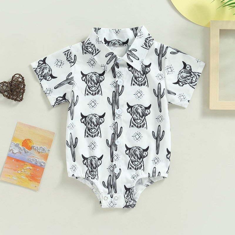 Vintage Summer Newborn Baby Boys Shirts Bodysuits with Cattle and Cactus Prints