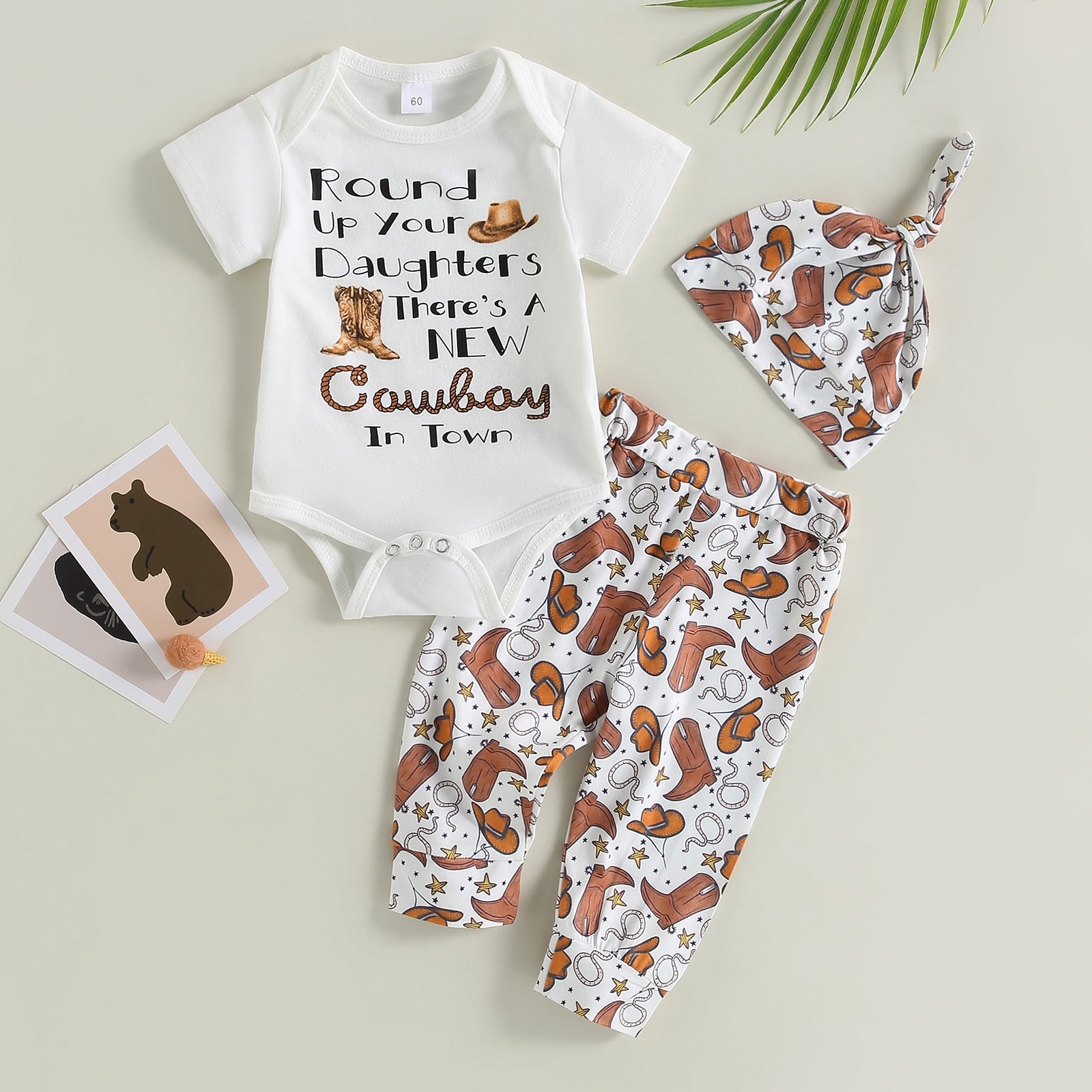 Adorable Newborn Infant Baby Boys Clothes Set with Letter Boots Print Romper, Pants, and Hat for Summer Outfits