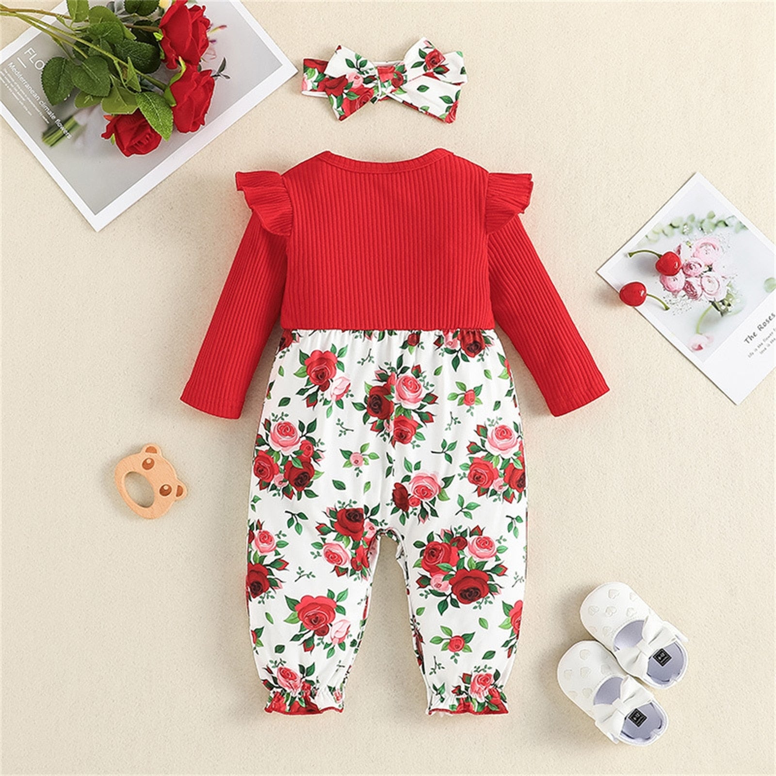 Floral Print Infant Newborn Romper with Ruffle Long Sleeves and Headwear for Spring and Autumn Outfits