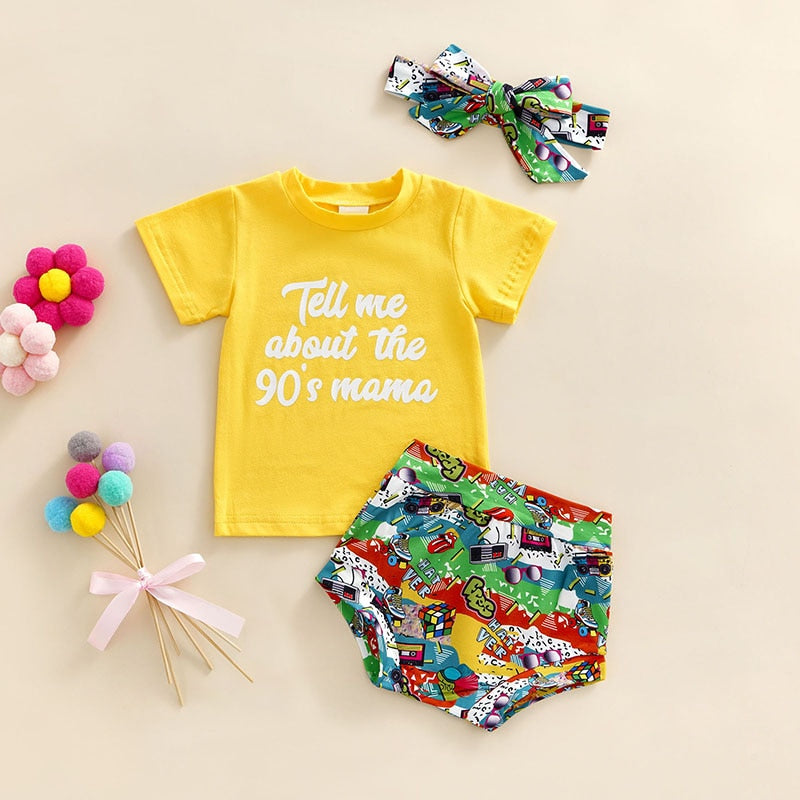 Cute Infant Baby Clothes Sets - 3pcs Letter Short Sleeve T Shirts+Pattern Printed Shorts Headband