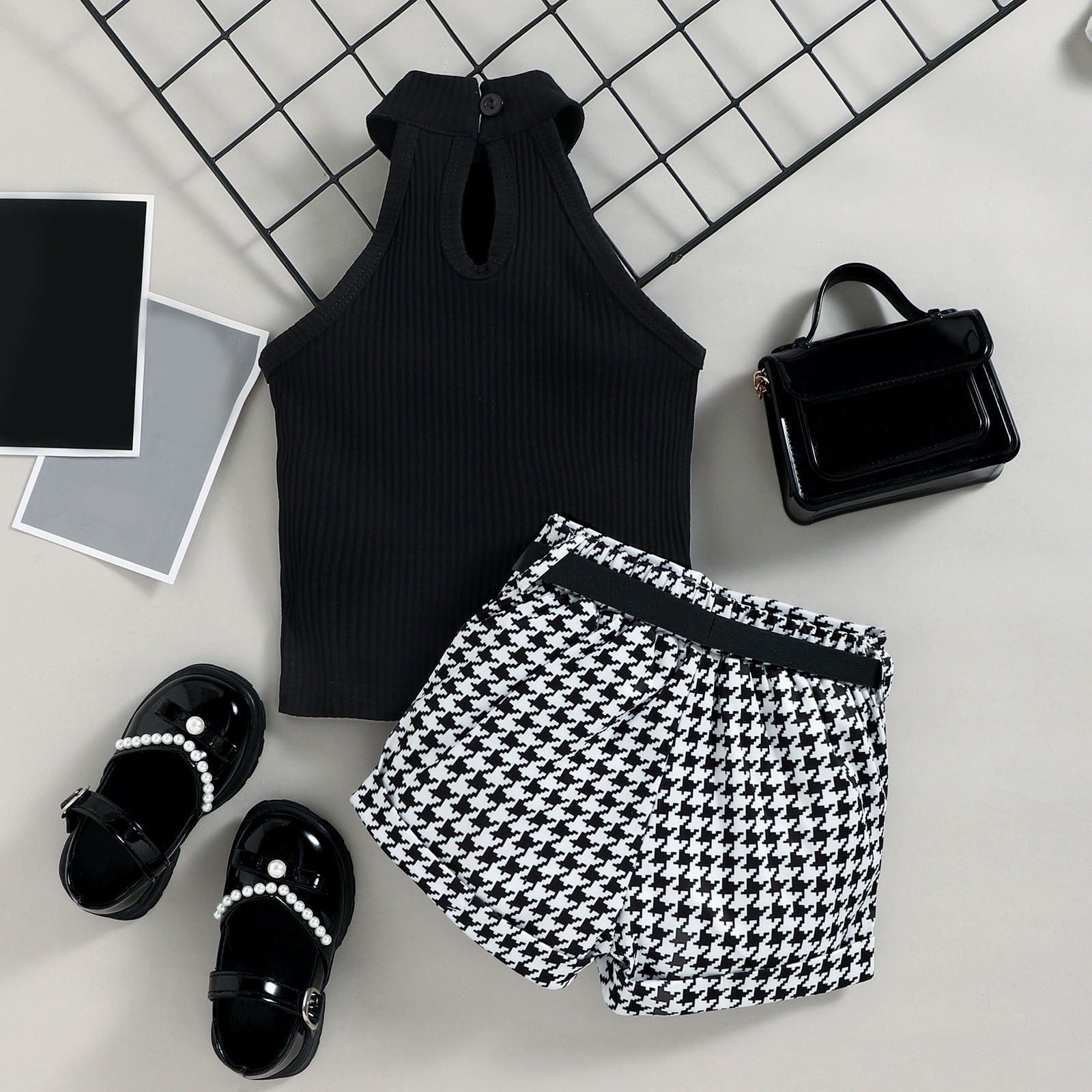 Little Girl's Sleeveless Ribbed Outfit Set - Solid Color Stand-Up Collar Top + Belted Shorts