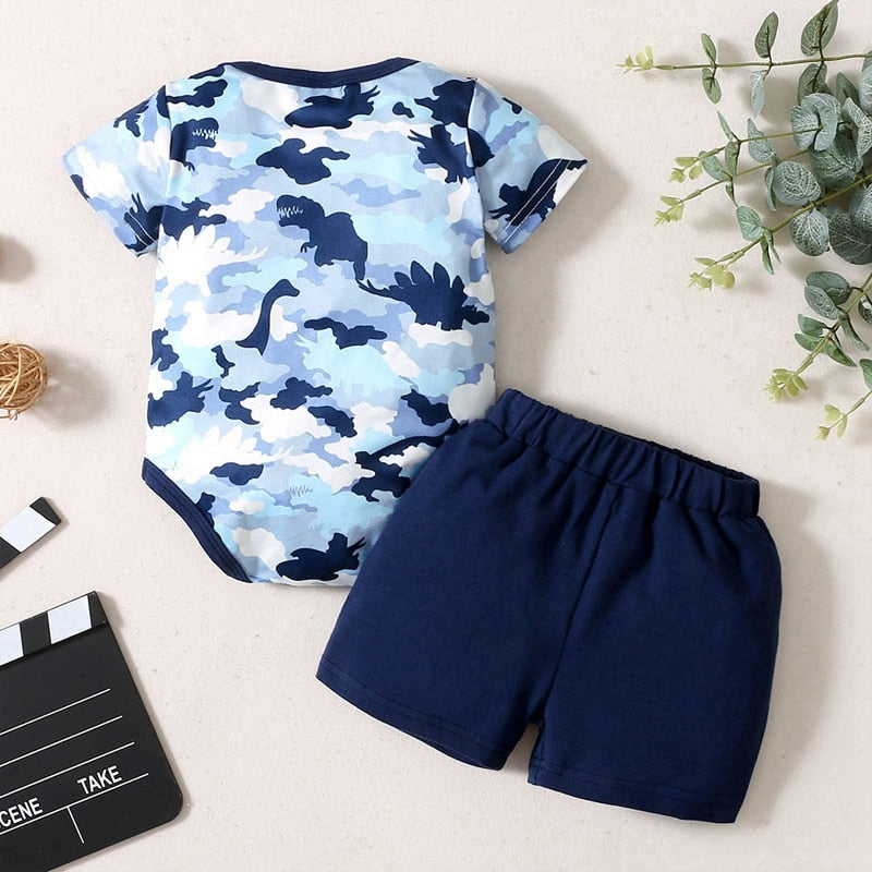 Newborn Baby Boy 2PCS Clothes Set Letter Print Blue Camouflage Short Sleeve Romper + Shorts