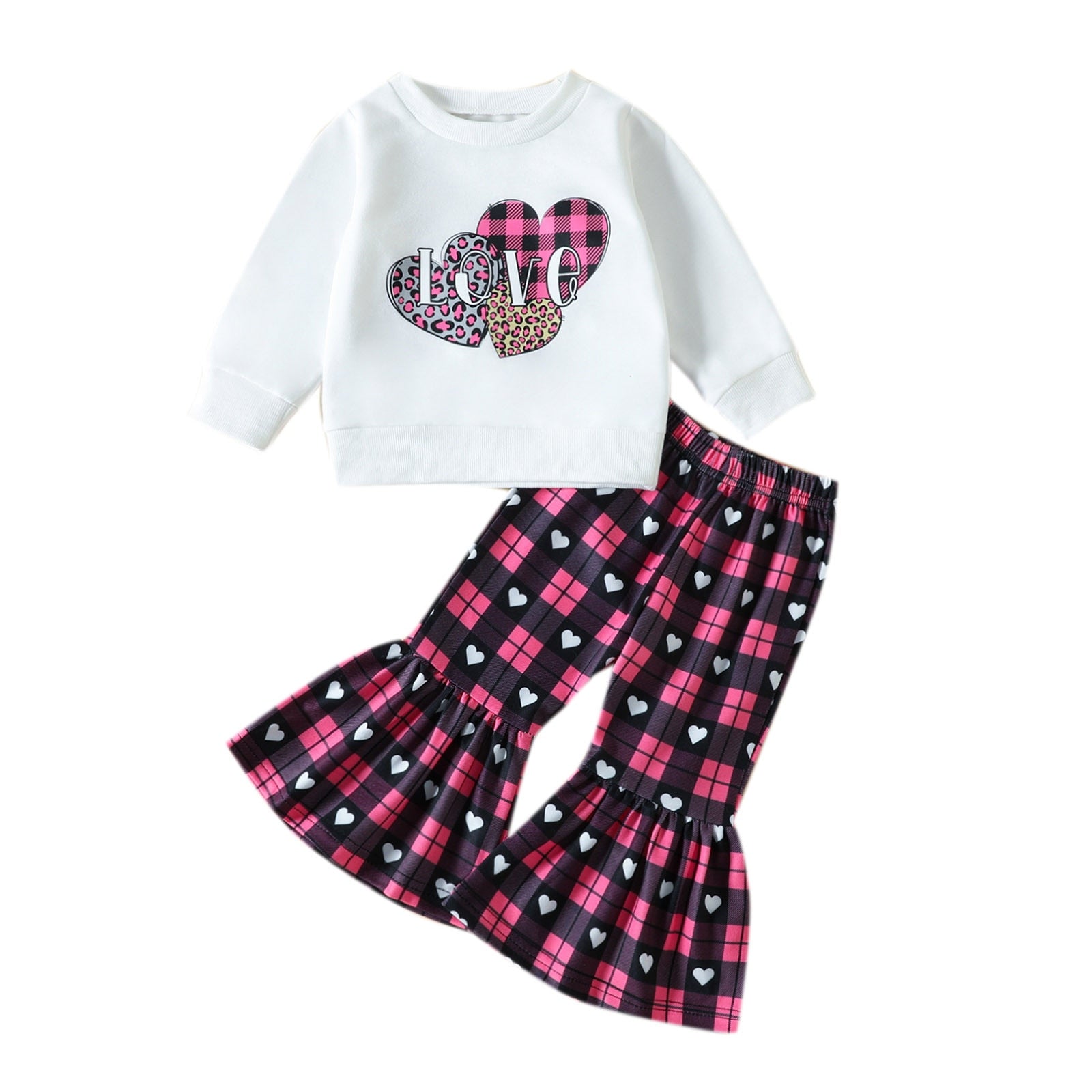 Toddler Baby Girls Costume Outfits: Long Sleeve Tops + Heart Printed Flare Pants Sets