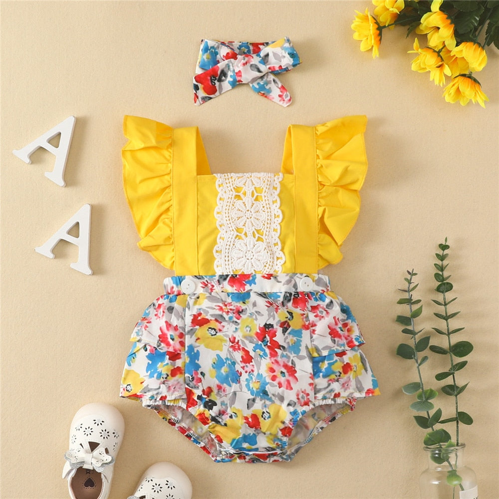 Sweet Patchwork Lace Floral Bodysuit for Baby Girls