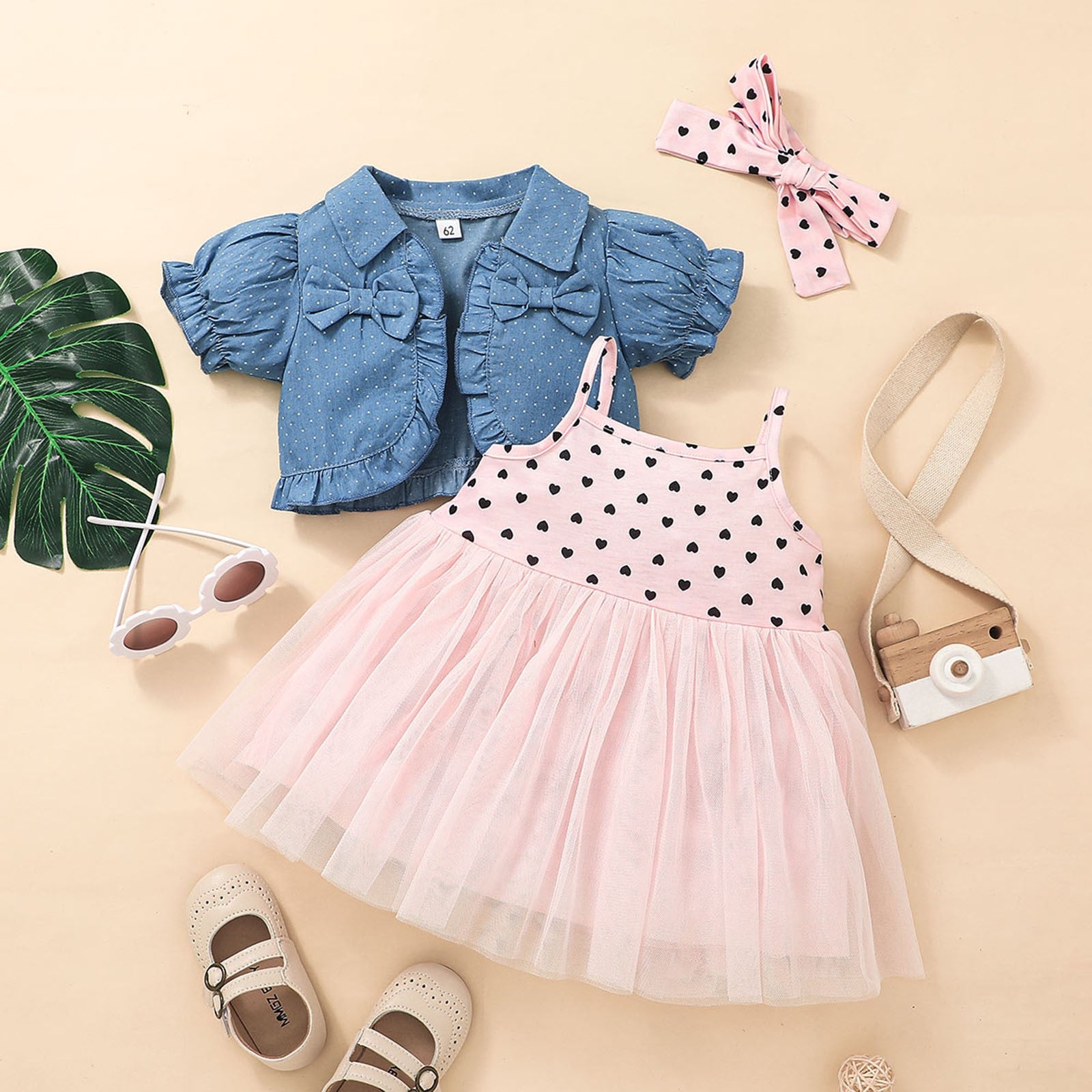 Infant Baby Girls 3-Piece Denim Coat and Heart Print Tulle Dress with Headbands