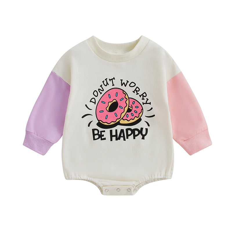Cute Donut and Letter Print Rompers for Newborn Baby Girls