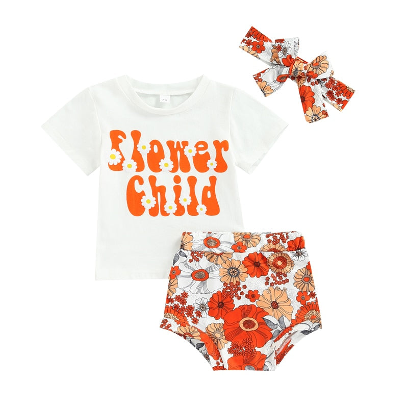 Summer Infant Baby Girls Clothes Sets - Letter Print Short Sleeve T-shirt and Floral Shorts Outfits with Headband