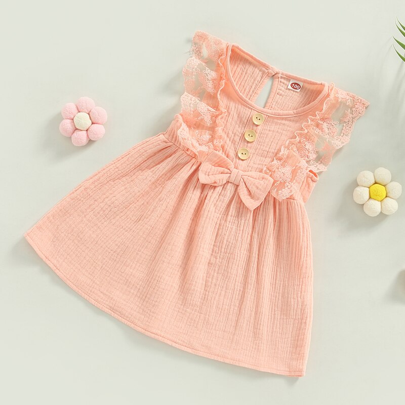 Summer Baby Girl Sweet Dress with Lace Flowers and Bowknot