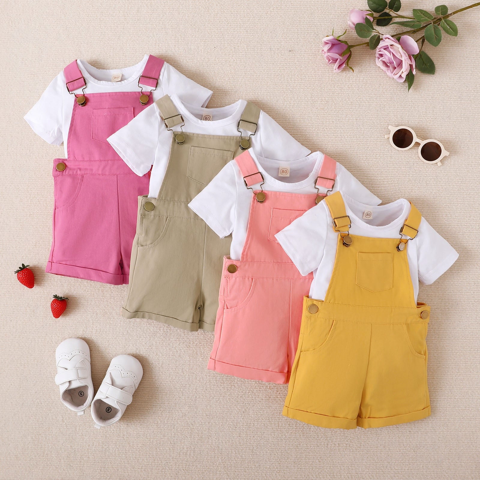 Summer Cute Kids Girls Clothes Sets 2pcs Short Sleeve T-Shirts + Striped Shorts with Pockets