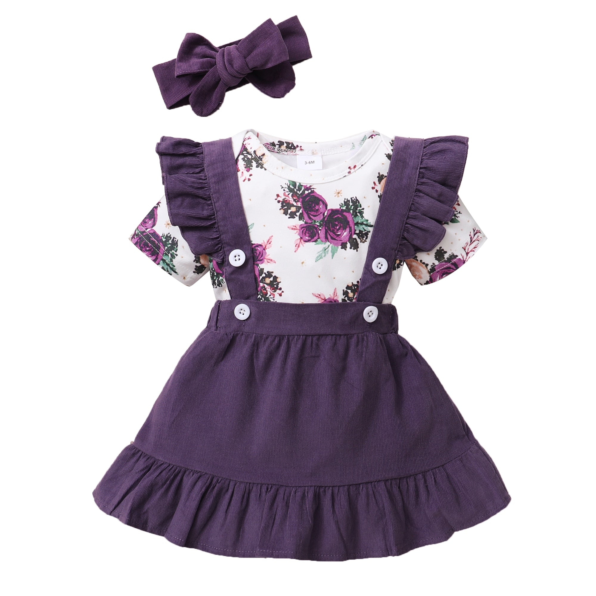 Adorable 3PCS Newborn Baby Girl Clothes Suit with Short Sleeves Flower Bodysuit, Strap Skirt, and Headband