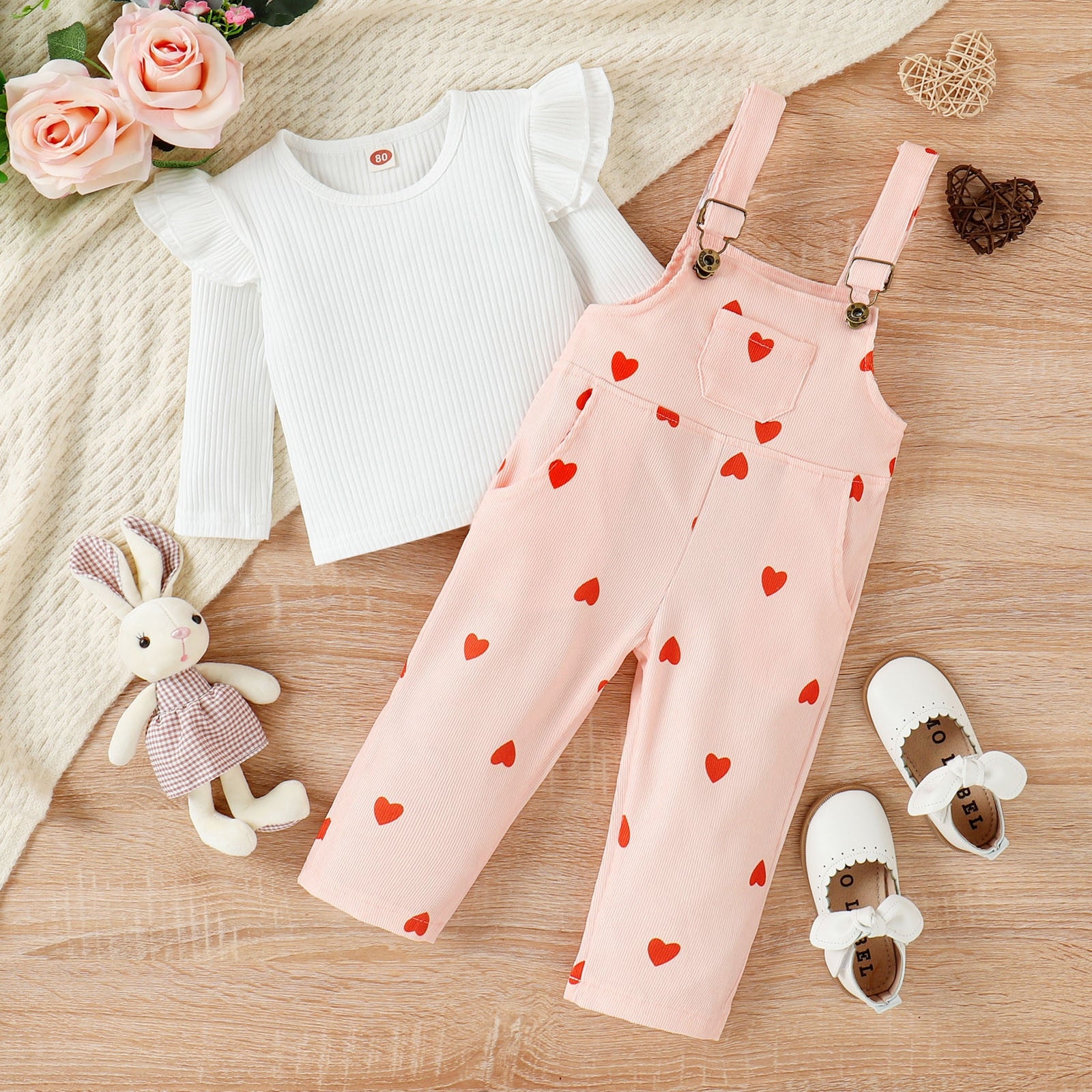 Valentine's Day Children's Fashion Clothes Set: Long Sleeve Tops and Heart Print Suspender Trousers for Girls