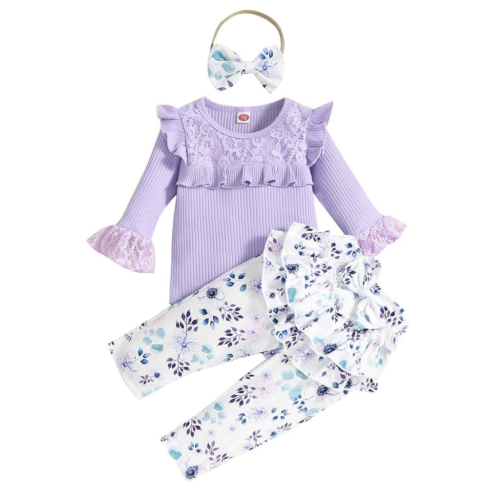 Cute and Comfortable 3-Piece Set for Newborn Baby Girls: Romper, Pants, and Headband