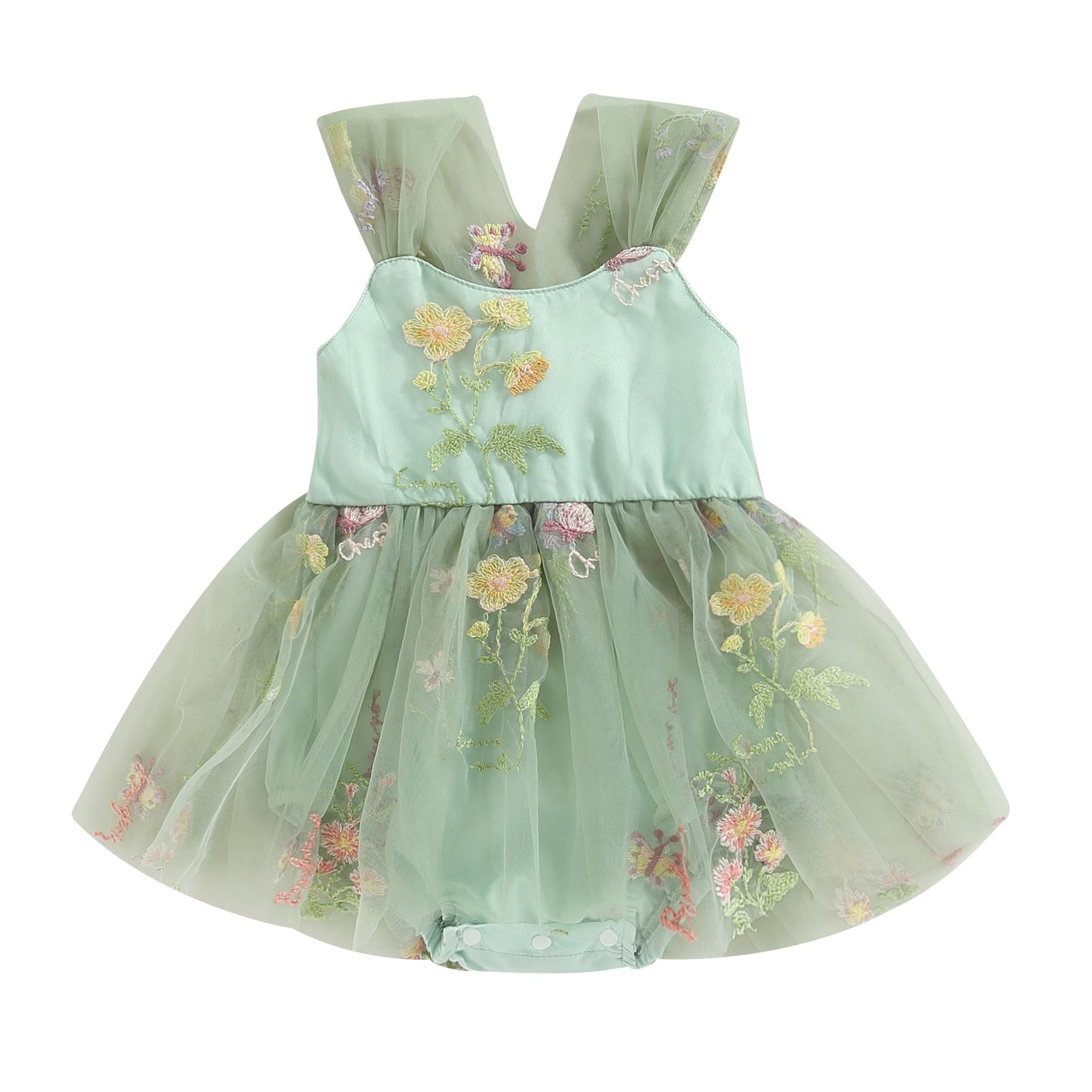 Baby Girl Princess Romper Dress with Floral Embroidery and Lace Mesh