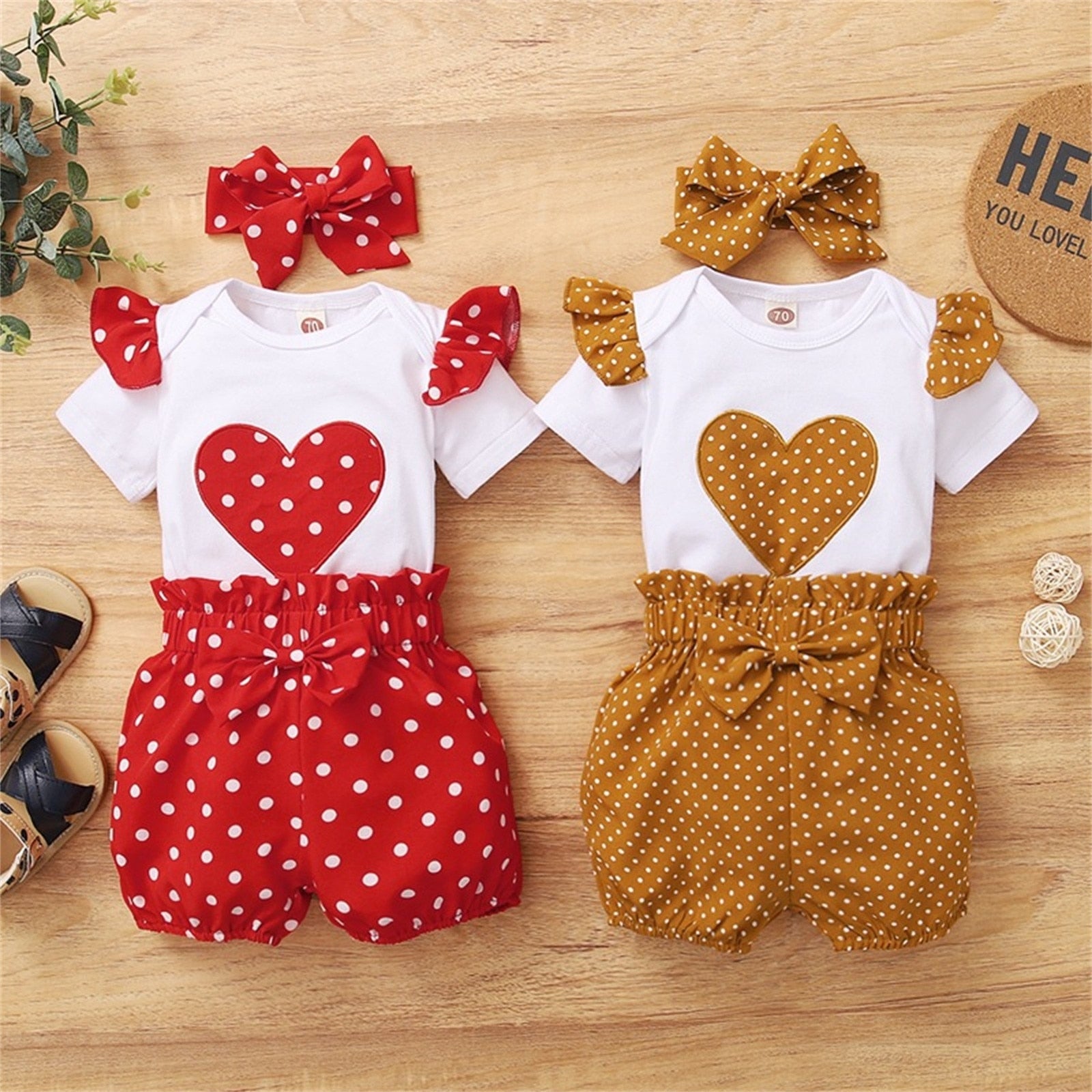 Stylish 3PCS Sets for Newborn Baby Girls - Short Ruffled Sleeve Patchwork Romper Tops Polka Dot Shorts Outfits With Headbands for Summer