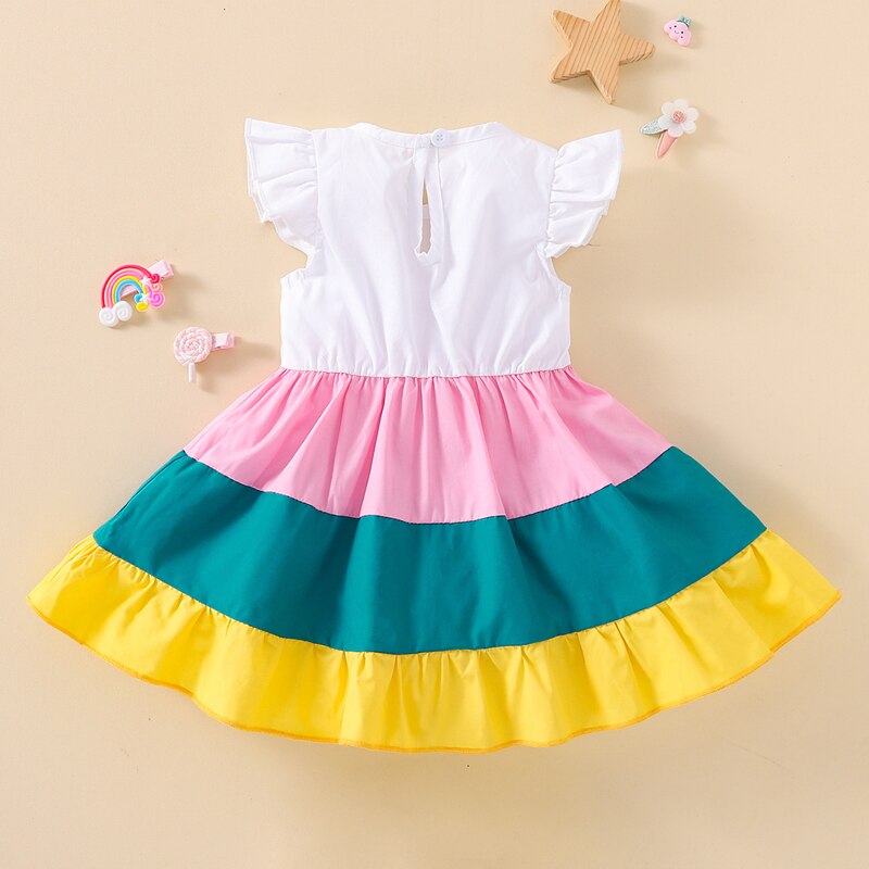 Summer Rainbow Embroidered Baby Girl Dress with Ruffles