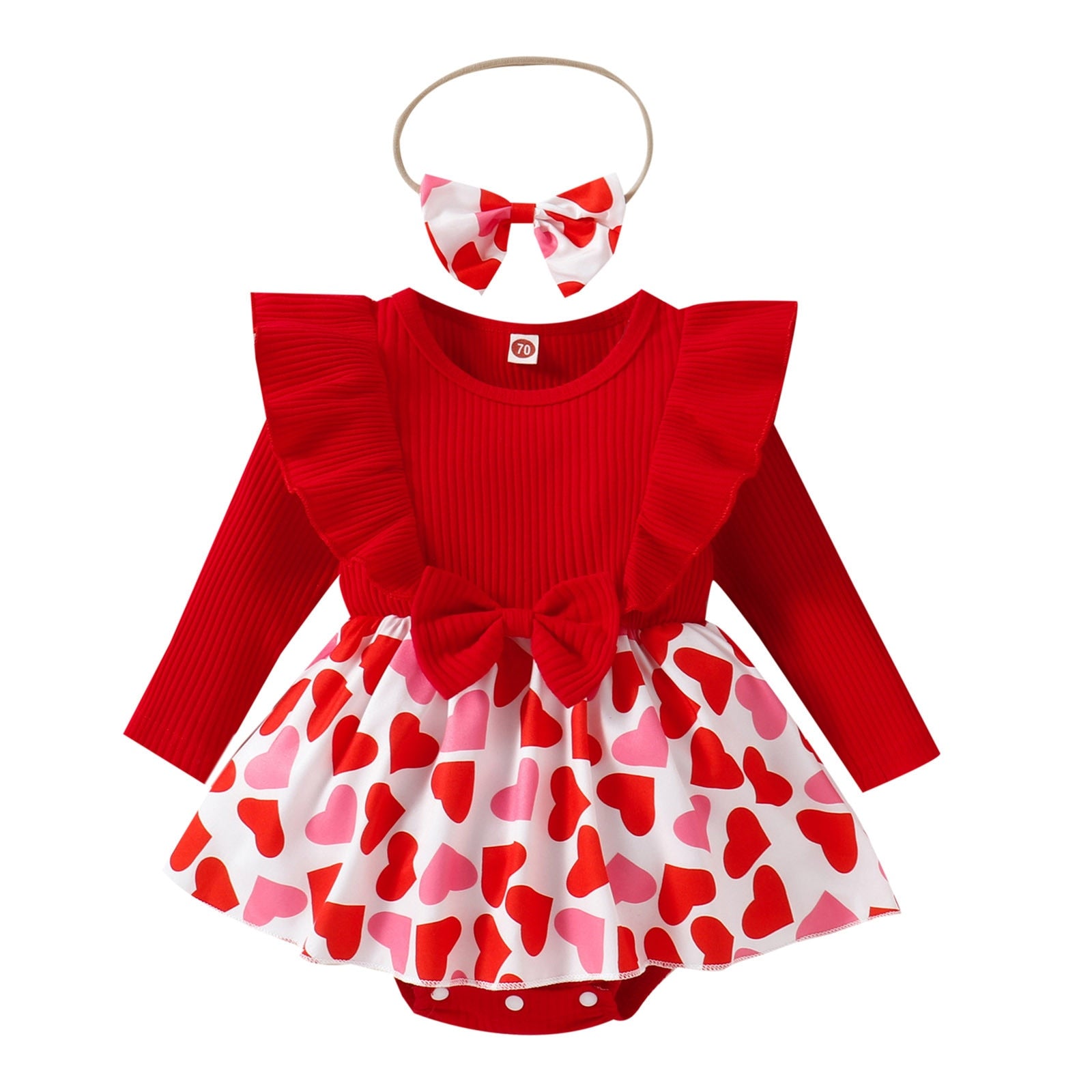 Adorable Infant Girls Valentine's Day Bodysuit Sets - Long Sleeve Rompers with Ribbed Hearts Print and Ruffles