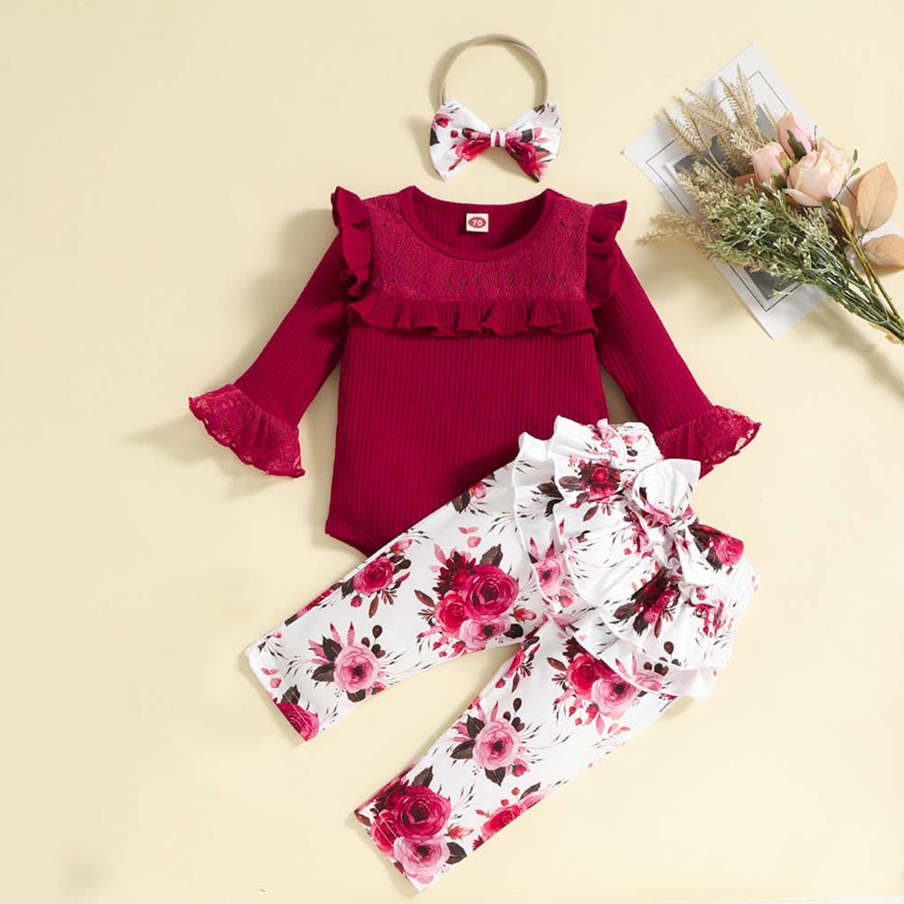 Cute and Comfortable 3-Piece Set for Newborn Baby Girls: Romper, Pants, and Headband