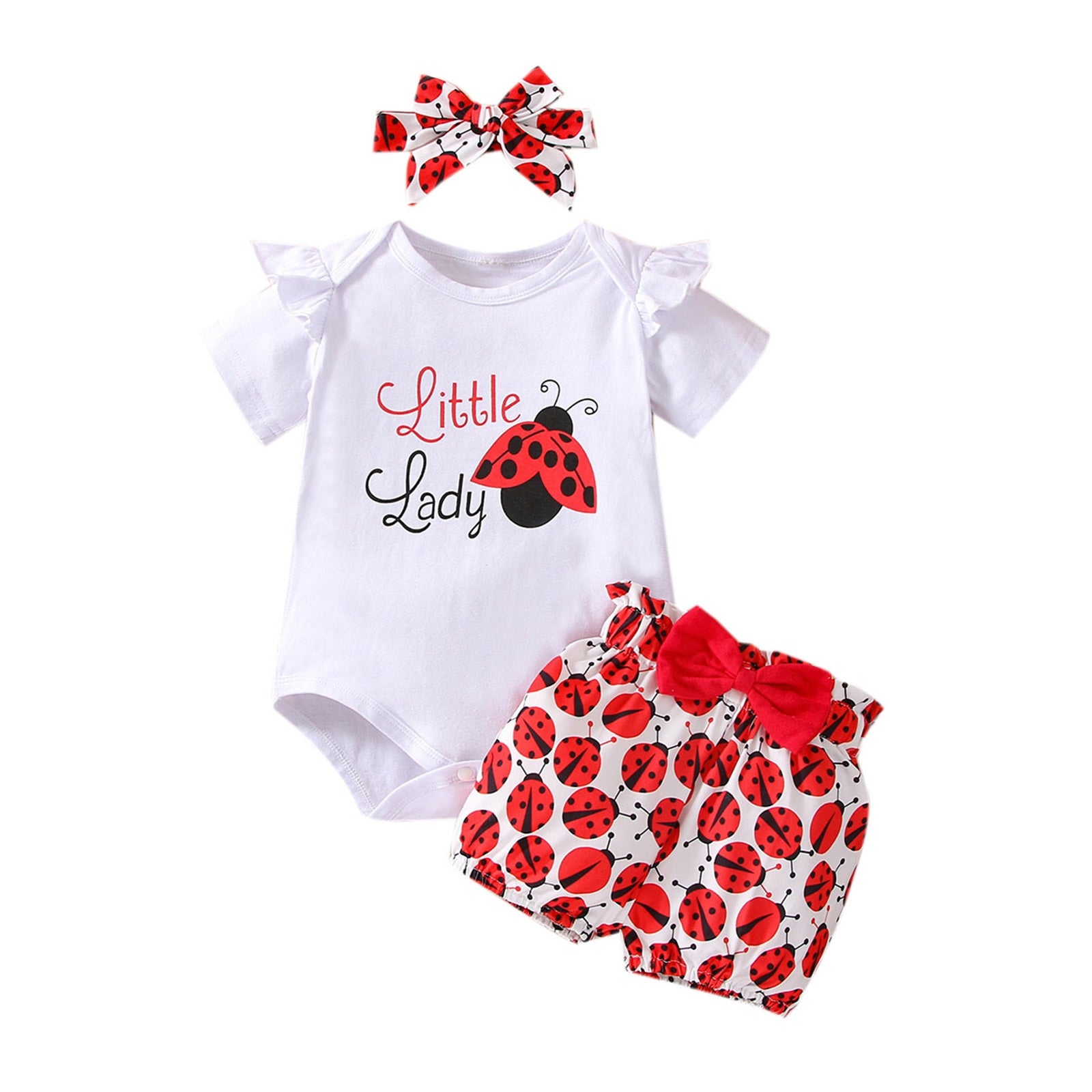 Adorable Ladybug Baby Clothes Set for Girls: Romper, Shorts, and Headband