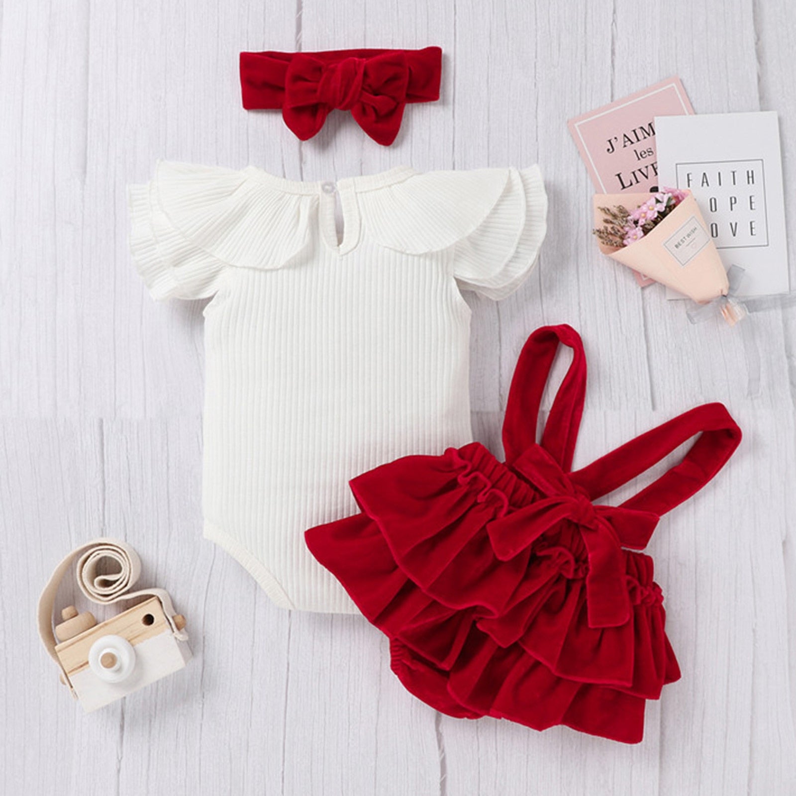 Newborn Baby Girls Lovely Clothes Sets - 3pcs Flying Sleeve Ruffled Romper Velvet Suspender Shorts Headband Sets