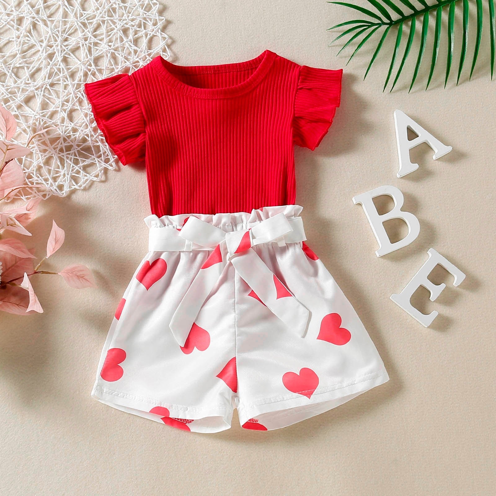 Toddler Girls Valentine's Day Clothing - Summer Fly Sleeve Ribbed Tops Hearts Printed Shorts Kids Outfits Girls Clothes 0-4 Years