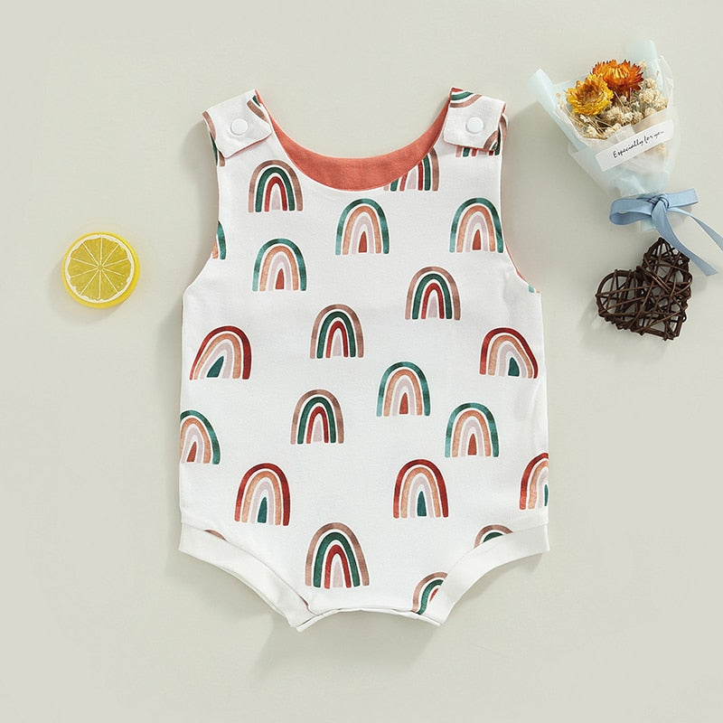 Summer Casual Baby Boys Bodysuits - Rainbow/Fish Print Sleeveless Button Bodysuits Jumpsuits for Newborns and Infants