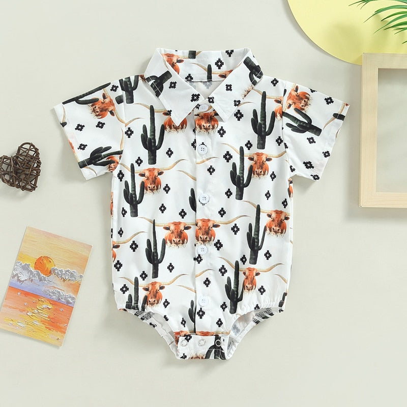 Adorable Vintage Baby Boys Shirts Bodysuits in 5 Colors with Cattle Cactus Print