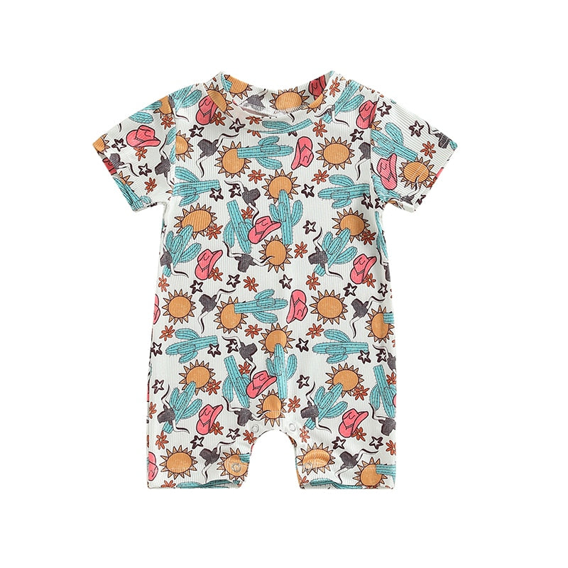Trendy Summer Clothes for Baby Boys - Ribbed Cactus Sun Print Rompers and Jumpsuits