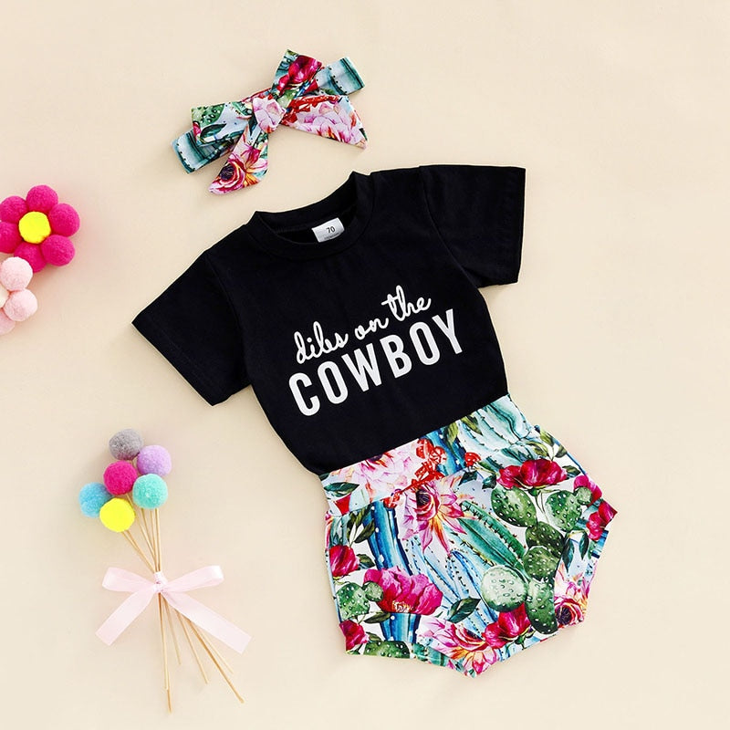 Infant Baby Clothes Set with Letter Short Sleeve T-Shirts, Pattern Printed Shorts and Headband