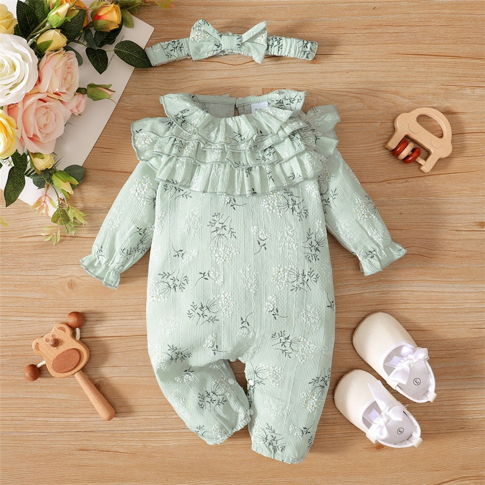 Baby Girl Romper with Flowers and Lotus Leaf Design