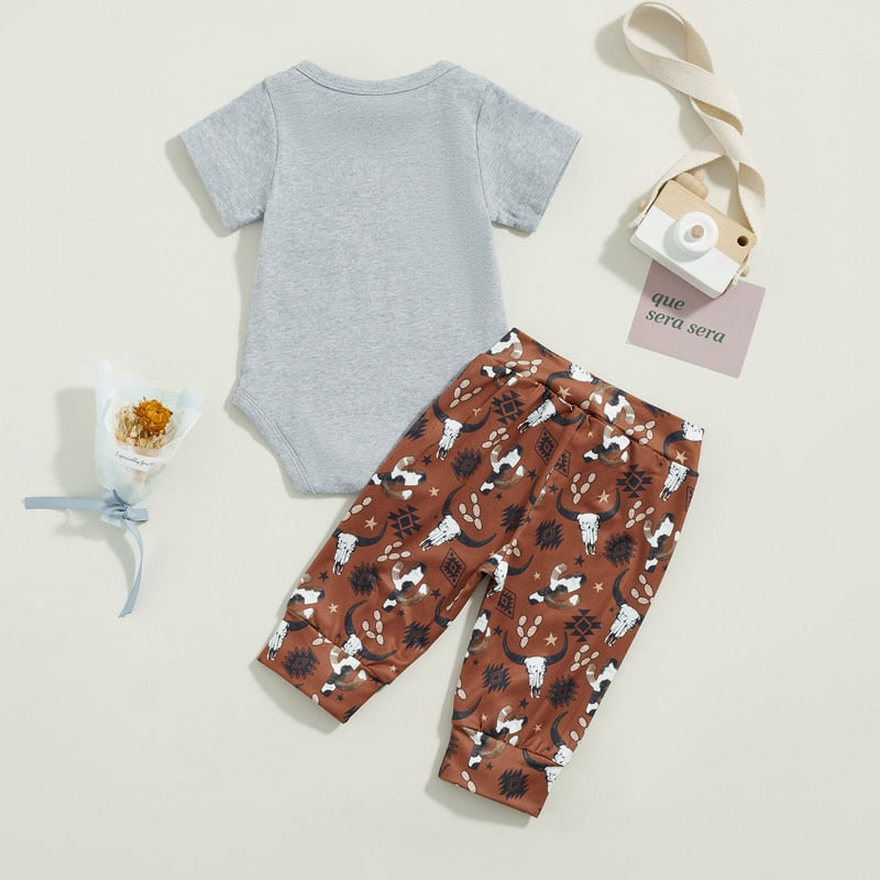 Adorable Baby Boys Summer Clothing Set with Cattle Letter Print Bodysuits and Long Pants